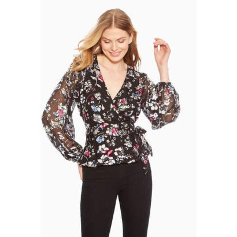 Parker Britta Long Sleeve Wrap Front Tie Blouse in Black Large New Womens Floral
